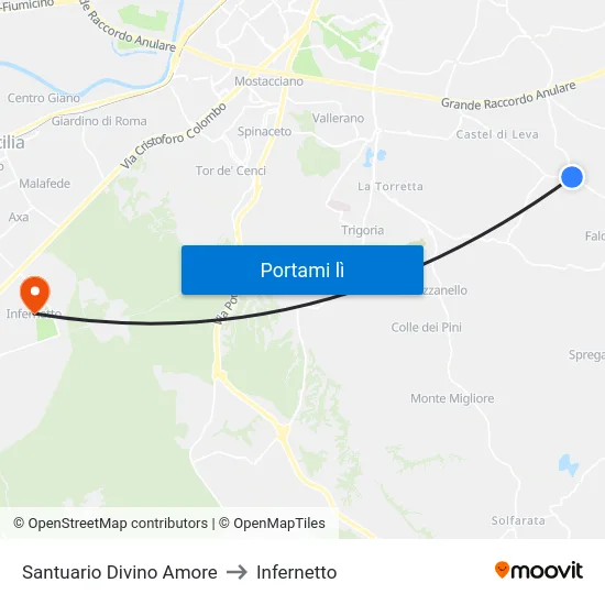 Santuario Divino Amore to Infernetto map