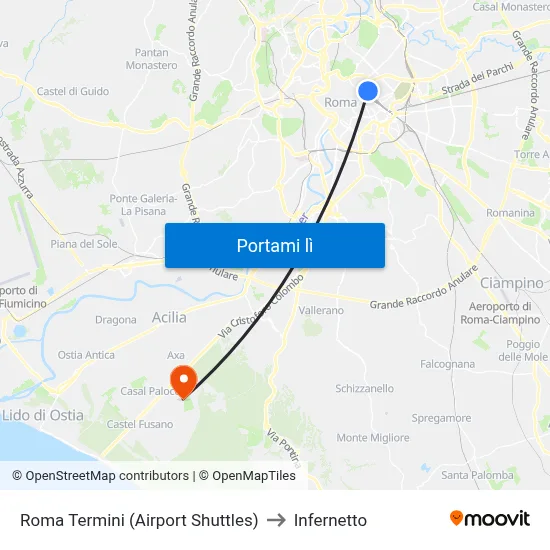 Roma Termini (Airport Shuttles) to Infernetto map
