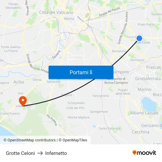Grotte Celoni to Infernetto map