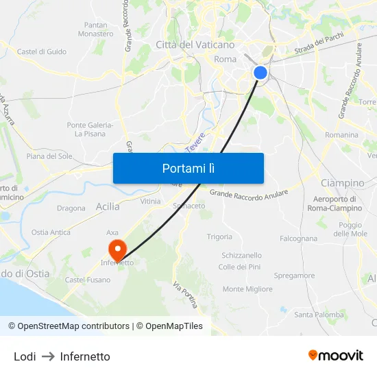 Lodi to Infernetto map