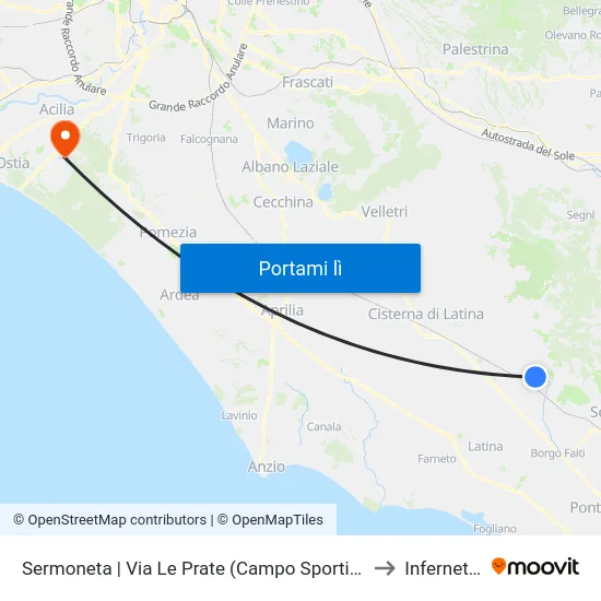 Sermoneta | Via Le Prate (Campo Sportivo) to Infernetto map