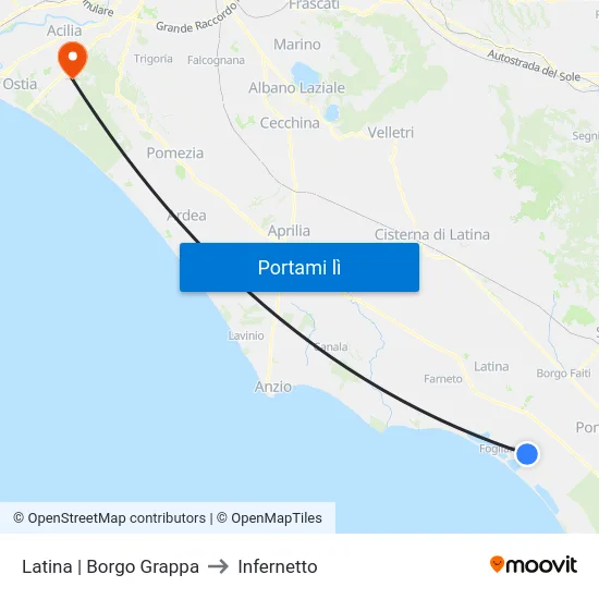 Latina | Borgo Grappa to Infernetto map