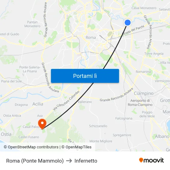 Roma (Ponte Mammolo) to Infernetto map