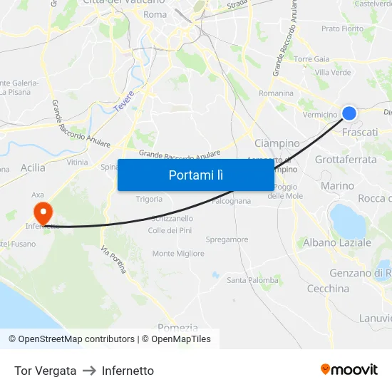 Tor Vergata to Infernetto map