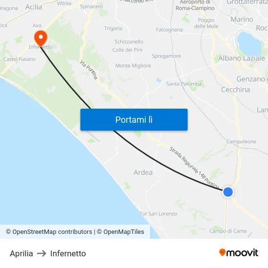 Aprilia to Infernetto map