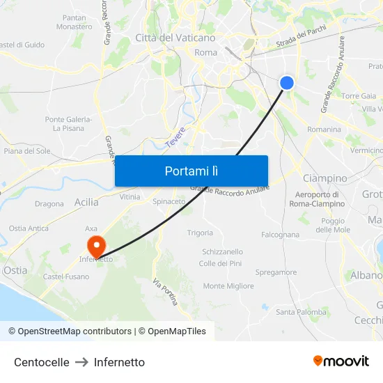 Centocelle to Infernetto map
