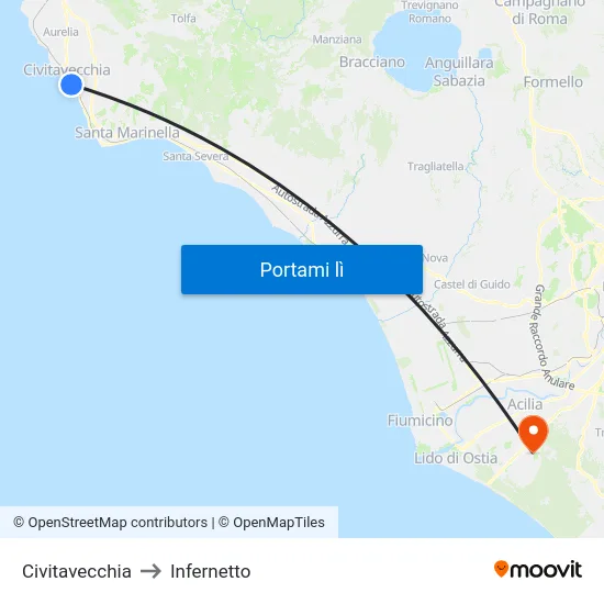 Civitavecchia to Infernetto map