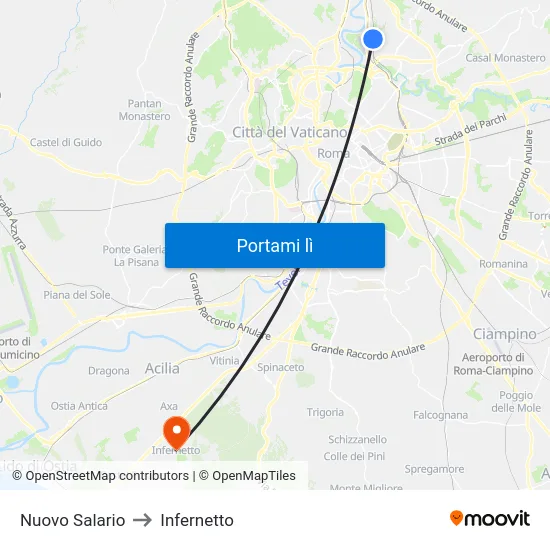 Nuovo Salario to Infernetto map