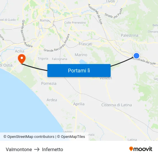 Valmontone to Infernetto map