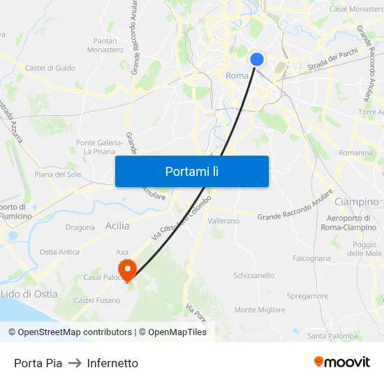 Porta Pia to Infernetto map