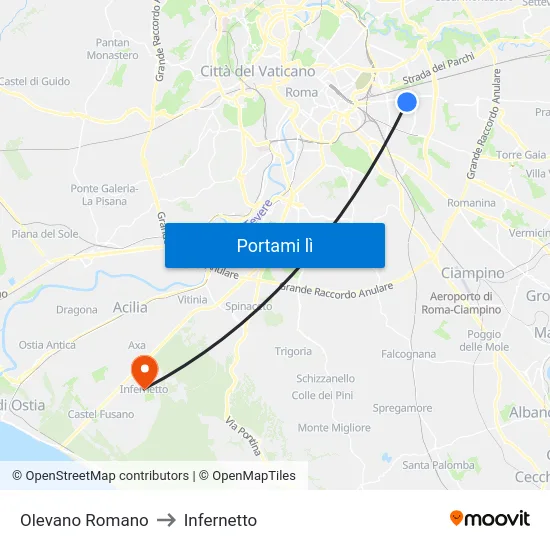 Olevano Romano to Infernetto map