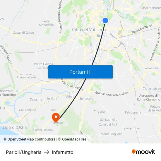 Parioli/Ungheria to Infernetto map