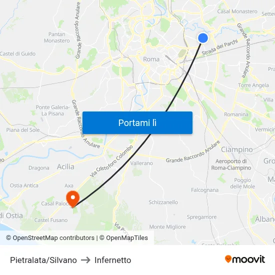 Pietralata/Silvano to Infernetto map