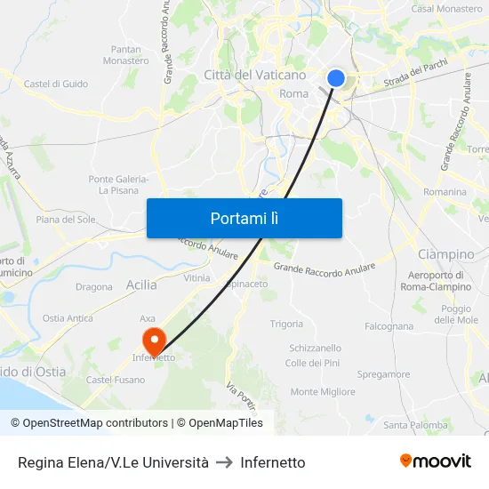 Regina Elena/V.Le Università to Infernetto map