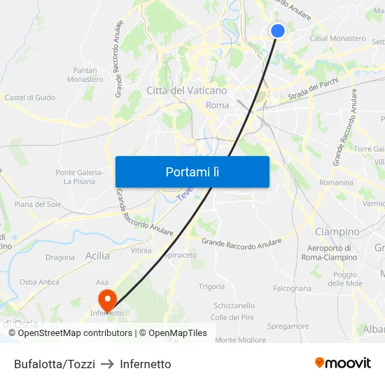 Bufalotta/Tozzi to Infernetto map