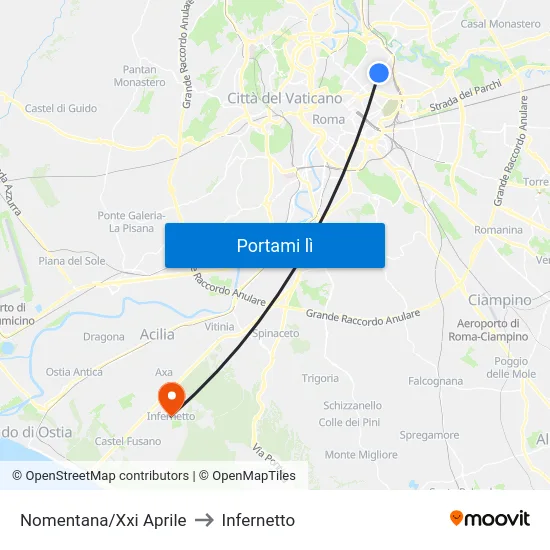 Nomentana/Xxi Aprile to Infernetto map