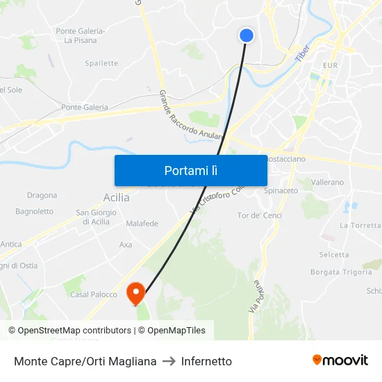 Monte Capre/Orti Magliana to Infernetto map