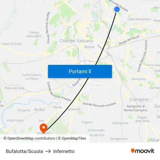 Bufalotta/Scuola to Infernetto map