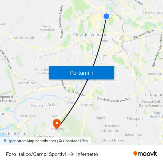Foro Italico/Campi Sportivi to Infernetto map