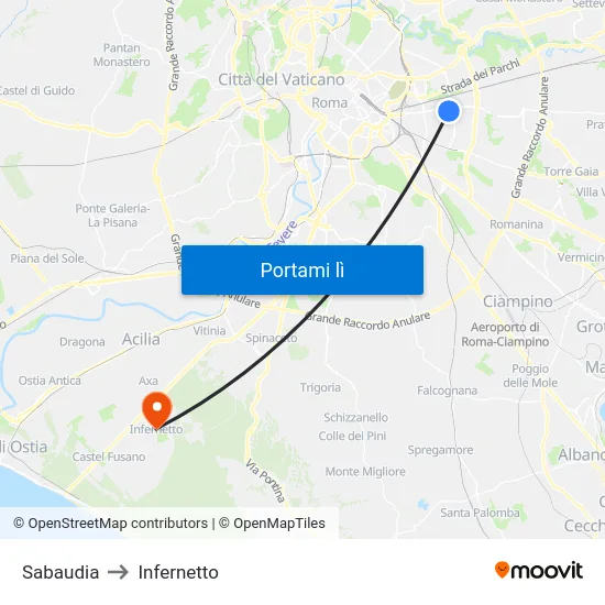 Sabaudia to Infernetto map