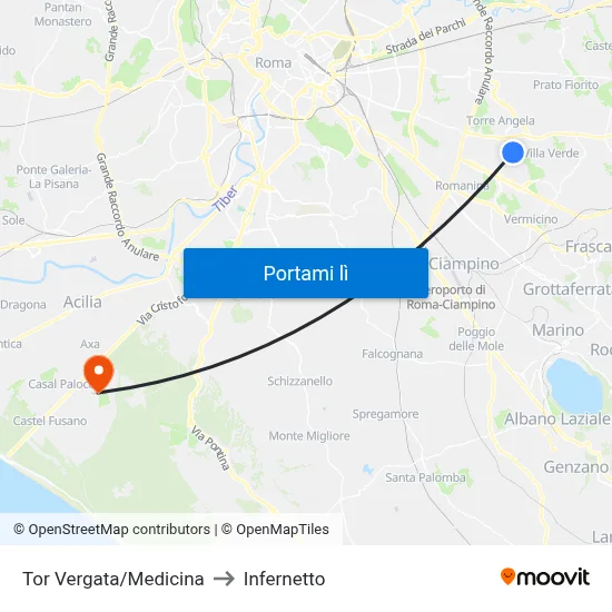 Tor Vergata/Medicina to Infernetto map