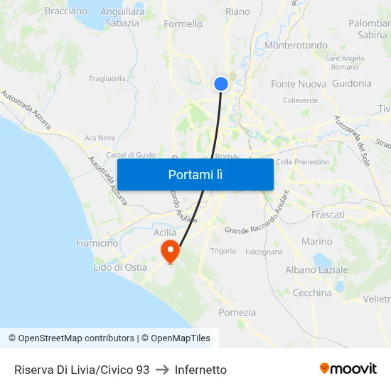 Riserva Di Livia/Civico 93 to Infernetto map