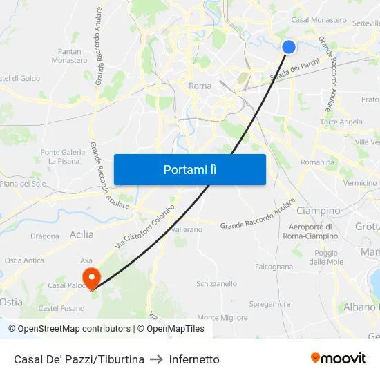 Casal De' Pazzi/Tiburtina to Infernetto map
