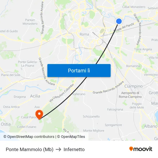 Ponte Mammolo (Mb) to Infernetto map