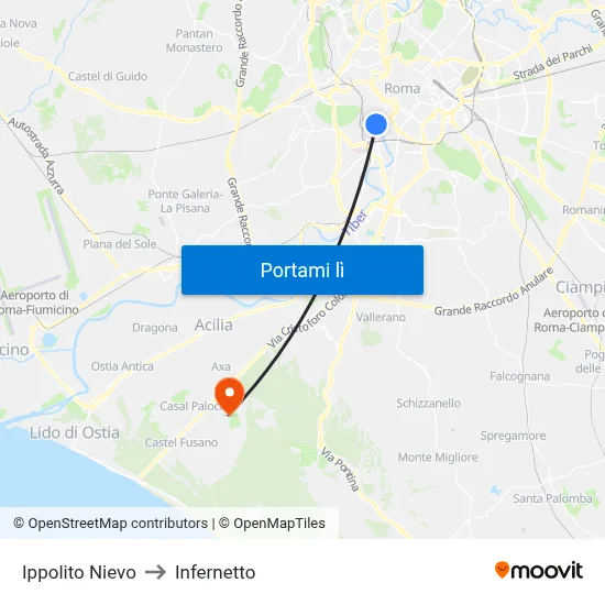 Ippolito Nievo to Infernetto map