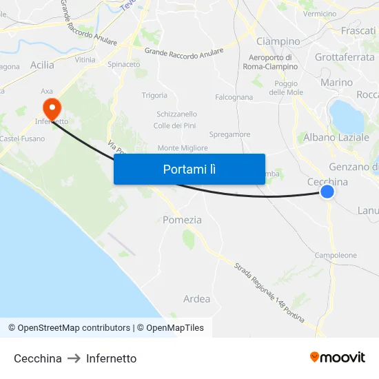 Cecchina to Infernetto map