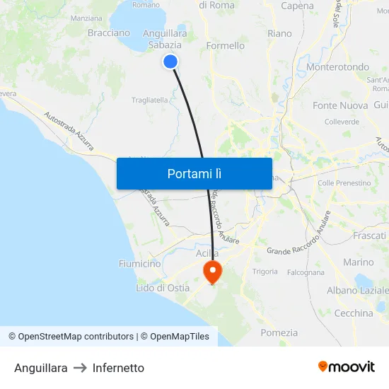 Anguillara to Infernetto map