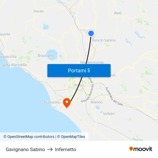 Gavignano Sabino to Infernetto map