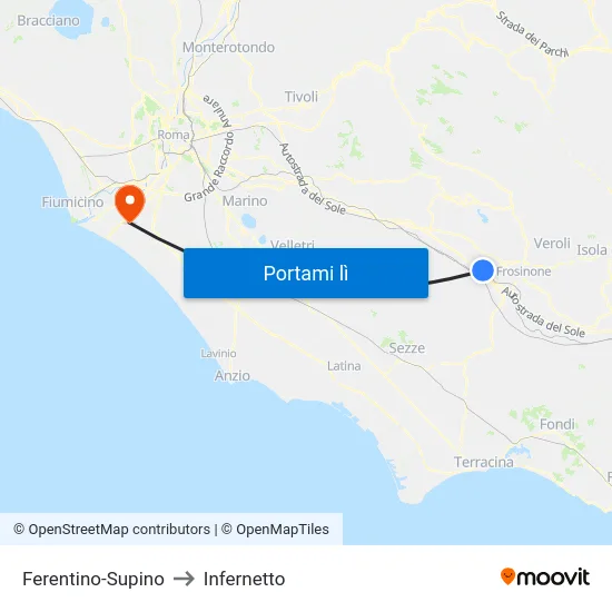 Ferentino-Supino to Infernetto map
