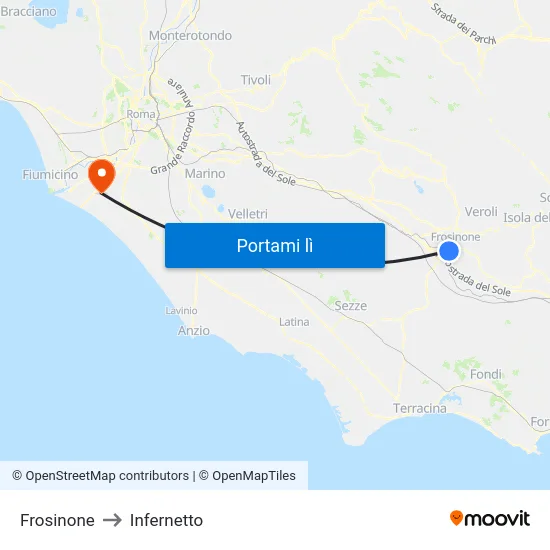 Frosinone to Infernetto map