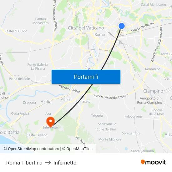 Roma Tiburtina to Infernetto map