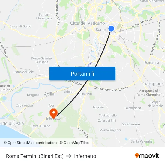 Roma Termini (Binari Est) to Infernetto map