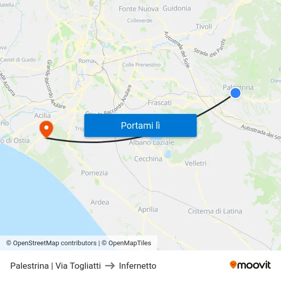 Palestrina | Via Togliatti to Infernetto map