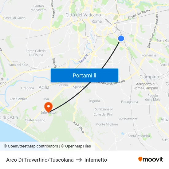 Arco Di Travertino/Tuscolana to Infernetto map