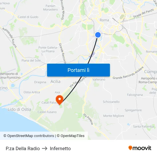 P.za Della Radio to Infernetto map