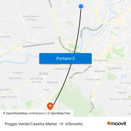 Poggio Verde/Casetta Mattei to Infernetto map