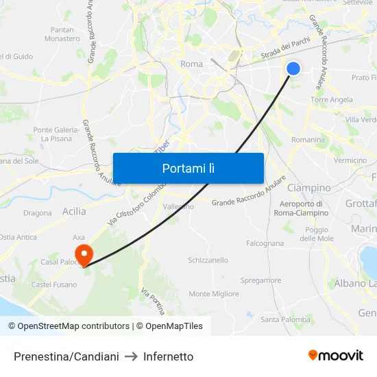 Prenestina/Candiani to Infernetto map
