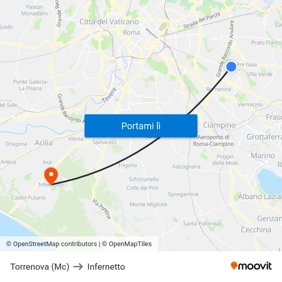 Torrenova (Mc) to Infernetto map