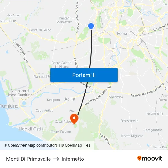 Monti Di Primavalle to Infernetto map