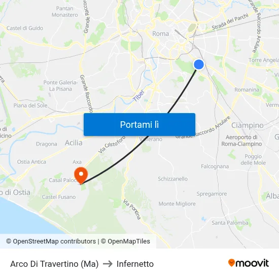 Arco Di Travertino (Ma) to Infernetto map