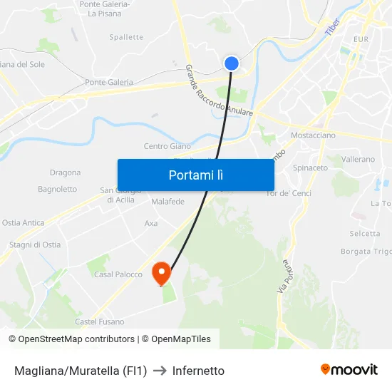 Magliana/Muratella (Fl1) to Infernetto map