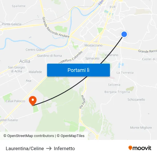 Laurentina/Celine to Infernetto map