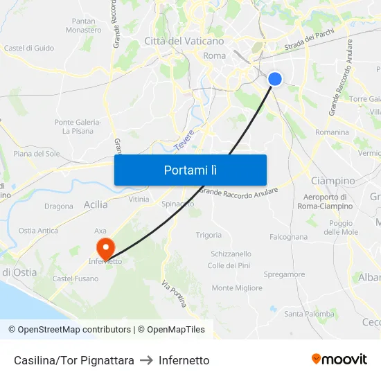 Casilina/Tor Pignattara to Infernetto map