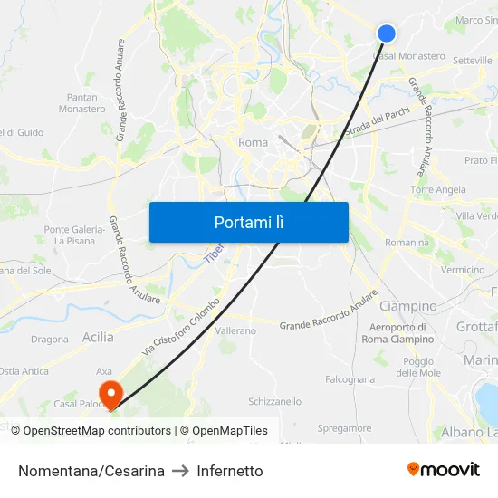 Nomentana/Cesarina to Infernetto map