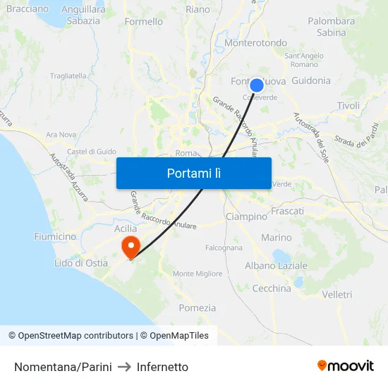 Nomentana/Parini to Infernetto map