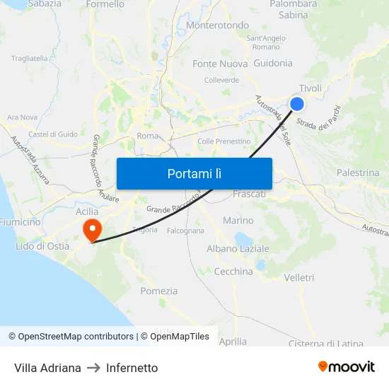 Villa Adriana to Infernetto map